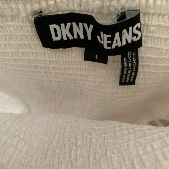 NWT DKNY White Smocked Puff Peasant Sleeve Top Cotton Large - Picture 9 of 11
